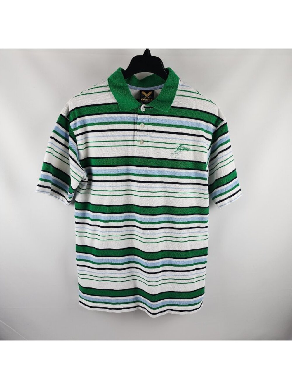 Avirex Shirt Mens XL Green White Striped Vintage S/S Polo